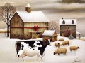 Rinder und Schaf im Schnee Dorf